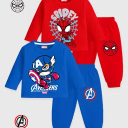 KUCHIPOO Cotton Blend Knit Pack Of 2 Full Sleeves Marvel Avengers Featuring Spiderman & Captain America Printed Tees & Joggers Set - Blue & Red-picture-26
