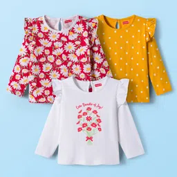 Babyhug 100% Cotton Knit Full Sleeves T-Shirts with Frill Detailing Polka Dots & Floral Print Pack of 3 - Red Yellow & White-picture-30