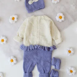 Woonie Hand Knitted Full Sleeves Colour Blocked Romper With Cap & Booties - Lavender-picture-28