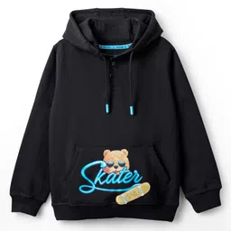 Pine Kids Cotton Knit Full Sleeves Hoodie with Kangaroo Pocket Front & Back Bear Print - Black image 2