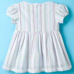 ToffyHouse Cotton Woven Half Puff Sleeves Dress With Stripes & Bow Applique - Offwhite & Light Blue image 2