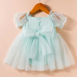 Mark & Mia Woven Half Puffed Sleeves Frock Style Party Onesie with Floral Applique & Embroidery - Aqua Blue image 2