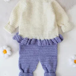 Woonie Hand Knitted Full Sleeves Colour Blocked Romper With Cap & Booties - Lavender image 3