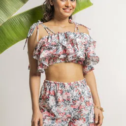 aoba EROTISSCH White Floral Printed Shoulder Straps Ruffled Top With Shorts-picture-33