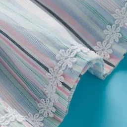 ToffyHouse Cotton Woven Half Puff Sleeves Dress With Stripes & Bow Applique - Offwhite & Light Blue image 4