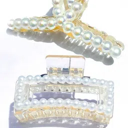 SHREEWATCHES Women Set of 2 Rectangular and t-shape Pearls Claw Clip-image-64