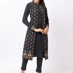 KEIKO Floral Woven Design Mandarin Collar Straight Kurta with Trousers image 1