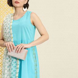 House of Pataudi Women Turquoise Blue Pleated Pure Cotton Rozana Kurta Set-picture-13