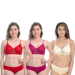 samvar Women Red,Pink,Brown Cotton Bra Panty Set for Lingerie Set Undergarments Pack of 3-picture-13