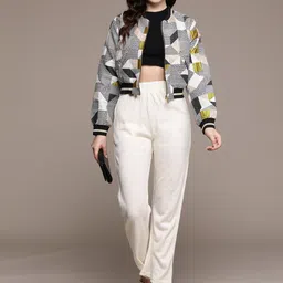 Label Ritu Kumar Women Geometric Printed Jacquard Varsity Jacket image 3