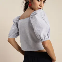 Marie Claire Blue and White Striped Power Shoulders Crop Top image 2