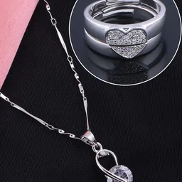 Silver Shine Silver-Plated AD Studded Necklace With Adjustable Couple Rings-picture-13