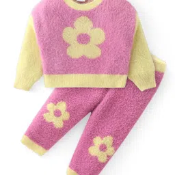 Babyhug Knitted Full Sleeves Winter Wear Suit With Floral Print - Pink-picture-22