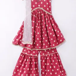 Teentaare Cotton Woven Sleeveless Kurta & Gharara Set with Dupatta Polka Dot Print & lace Detailing - Red-picture-13