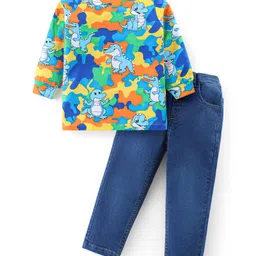 Babyhug Cotton Knit Full Sleeves Dino & Croc Printed T-Shirt With Denim Jeans - Blue-picture-25