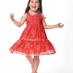 Babyhug Georgett Woven Sleeveless Sequinned Floral Printed Frock - Red-picture-17