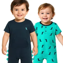 Babyoye 100% Cotton Knit Half Sleeves Dino Printed Rompers Pack of 2 - Navy Blue & Turquoise-image-82