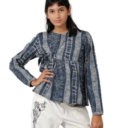 Under Fourteen Only Cotton Full Sleeves Floral Printed Top - Blue-picture-21