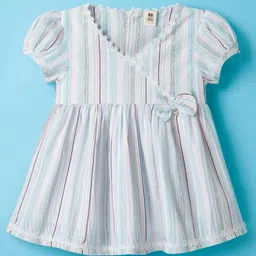 ToffyHouse Cotton Woven Half Puff Sleeves Dress With Stripes & Bow Applique - Offwhite & Light Blue-picture-24