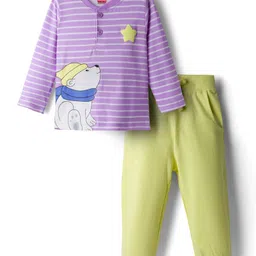 Babyhug Single Jersey Knit Full Sleeves Striped T-Shirt & Lounge Pant Set With Polar Bear Print - Lavender & Lime Green-picture-22