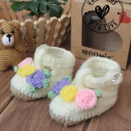 Woonie Woven Floral Applique Detailed Handmade Booties - Cream-image-23