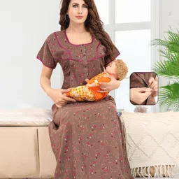 Fabme Sinker Knit Half Sleeves Floral Printed Maternity Nighty With Side Seam Nursing Access - Chocolate Brown-picture-37
