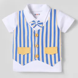 kookie kids india Kookie Kids Interlock Knit Half Sleeves T-Shirts & Shorts Set With Attached Waistcoat & Bow Applique - White & Blue image 2