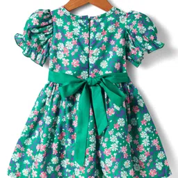 Mark & Mia Woven Half Puffed Sleeves Frock with Floral Print & Fabric Belt - Green image 3