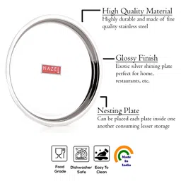 HAZEL Stainless Steel Plates Mirror Finish Thali Set For Dinner & Lunch  Silver - Pack of 6 image 4