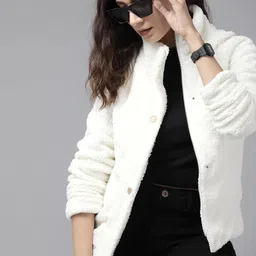 Roadster Women White Solid Sherpa Tailored Jacket image 1