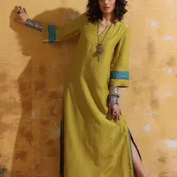 trueBrowns Women Lime Muslin Silk Straight Maxi Dress-image-74
