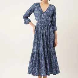 Jaipur Morni Blue Floral Print Bell Sleeve Pure Cotton Fit & Flare Maxi Dress-image-31