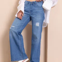 Mast & Harbour Women Mid-Rise Low Distress Light Fade Wide Leg Jeans-picture-40