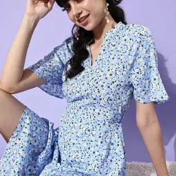 EVERYDAY by ANI Blue & White Floral Crepe A-Line Dress-image-83