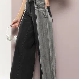 Kook N Keech Women Pure Cotton Wide Leg Colourblocked Jeans-image-24