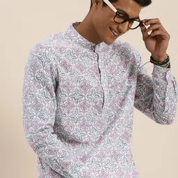 Taavi Men White & Pink Block Printed Pure Cotton Kurta-picture-34