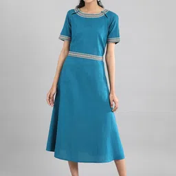 AURELIA Women Blue Solid A-Line Dress-image-78