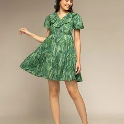 OCTICS Women Tropical Printed V-neck Puff Sleeves Fit & Flare Mini Dress-image-56