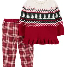 Carter's  Baby 2-Piece Holiday Peplum Top & Warm Fleece Pant Set - Red White-picture-26