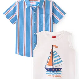 Babyhug 100% Cotton Woven Half Sleeve Shirt with Inner T -Shirt Striped & Boat Print - Blue & White-picture-30