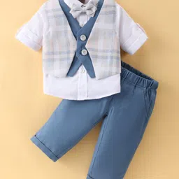 Little Kangaroos 100% Cotton Full Sleeves Checks 3 Pieces Party Suit -Blue-image-32