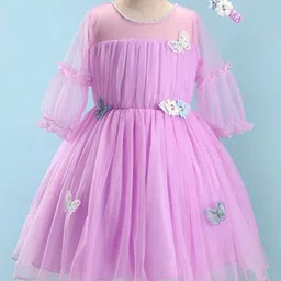 Enfance Sleeveless Floral Applique Flared Dress With Headband - Lavender-image-34