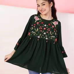 ISHTI Rayon Three Fourth Bell Sleeves Floral Embroidered Top - Dark Green-picture-30