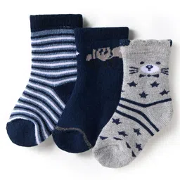 Cute Walk by Babyhug Terry Knit Ankle Length Antibacterial Socks with Stripes & Animal Design Pack of 3 - Navy Blue & Grey-picture-18