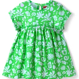 Babyhug Cotton Woven Half Sleeves Frock with Tropical Theme Print - Green image 1