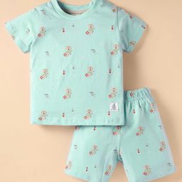 Zero Sinker Knit Half Sleeves Co-ords Shorts Night Suit with Bear Print - Sea Green-picture-32