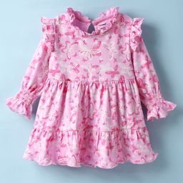 CUCUMBER Interlock Knit Full Sleeves Butterfly Printed Tiered Frock With Frill Detailing - Pink-picture-27