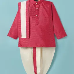 Dapper Dudes Full Sleeves Abstract Embroidered Kurta & Coordinating Dhoti With Angavastram Set - Tomato-picture-22
