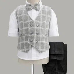 Robo Fry Cotton Woven Full Sleeves Checks 3 Piece Party Suit With Bow - Light Grey-image-24