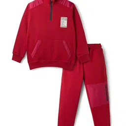 Pine Kids Looper Knit Winter Wear Solid Color T-Shirt & Joggers Set With Kangaroo Pocket - Maroon-image-73